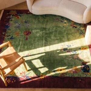 Chinese Rectangle Wool Knotted Green - Art Deco Antique Room Size 1920s Rug (SKU 25722) - styled overhead view
