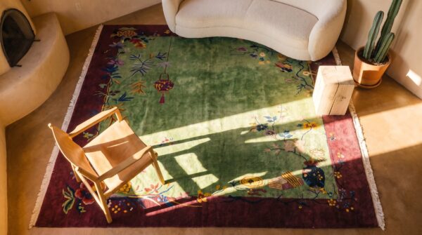 Chinese rectangle wool knotted green - art deco antique room size 1920s rug 2 Chinese rectangle wool knotted green - art deco antique room size 1920s rug (sku 25722) - styled overhead view