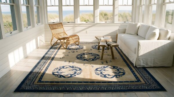 Antique knotted chinese rectangle ivory room size 1920s wool - peking rug 6 Antique knotted chinese rectangle ivory room size 1920s wool - peking rug (sku 25454) - room view
