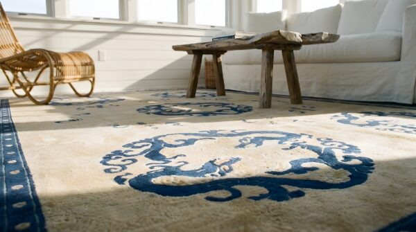 Antique knotted chinese rectangle ivory room size 1920s wool - peking rug 7 Antique knotted chinese rectangle ivory room size 1920s wool - peking rug (sku 25454) - in-room detail