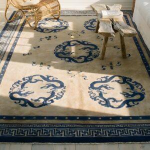 Antique Knotted Chinese Rectangle Ivory Room Size 1920s Wool - Peking Rug (SKU 25454) - styled overhead view
