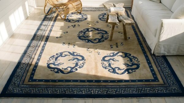 Antique knotted chinese rectangle ivory room size 1920s wool - peking rug 2 Antique knotted chinese rectangle ivory room size 1920s wool - peking rug (sku 25454) - styled overhead view