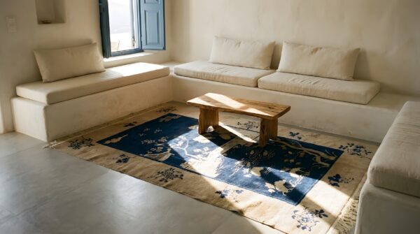 Wool antique chinese rectangle - peking 1920s knotted blue small scatter size rug (sku 25587) - room view