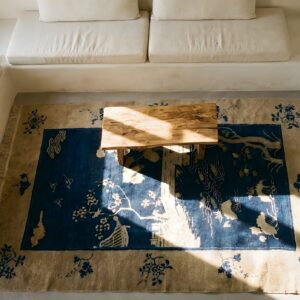 Wool Antique Chinese Rectangle - Peking 1920s Knotted Blue Small Scatter Size Rug (SKU 25587) - styled overhead view
