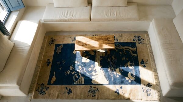 Wool antique chinese rectangle - peking 1920s knotted blue small scatter size rug (sku 25587) - styled overhead view
