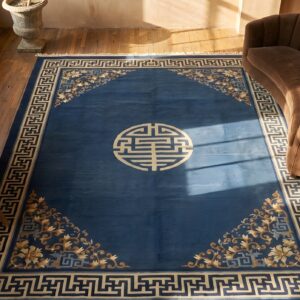 Knotted Chinese Rectangle Antique Wool - Peking Room Size Blue 1900s Rug (SKU 23086) - styled overhead view