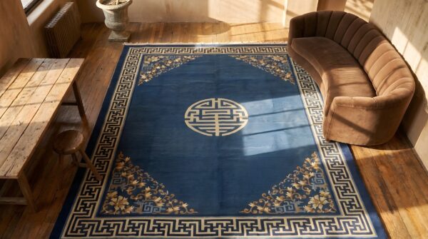Knotted chinese rectangle antique wool - peking room size blue 1900s rug 2 Knotted chinese rectangle antique wool - peking room size blue 1900s rug (sku 23086) - styled overhead view