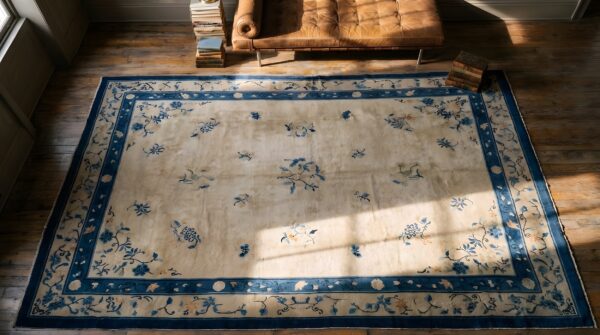 Antique chinese rectangle room size ivory - peking knotted wool 1930s rug (sku 22703) - styled overhead view