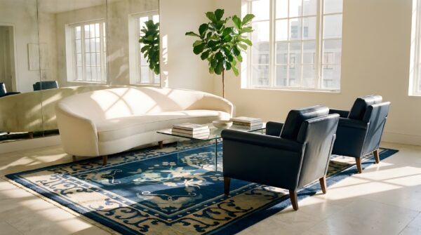Chinese rectangle antique small scatter size wool - peking knotted 1920s blue rug 8 Chinese rectangle antique small scatter size wool - peking knotted 1920s blue rug (sku 23546) - room view