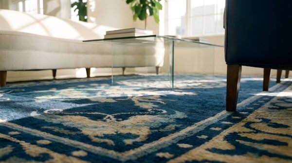 Chinese rectangle antique small scatter size wool - peking knotted 1920s blue rug 9 Chinese rectangle antique small scatter size wool - peking knotted 1920s blue rug (sku 23546) - in-room detail