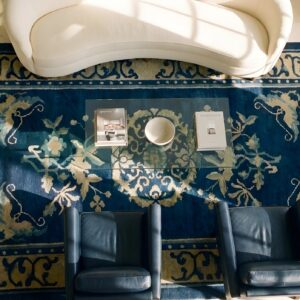 Chinese Rectangle Antique Small Scatter Size Wool - Peking Knotted 1920s Blue Rug (SKU 23546) - styled overhead view