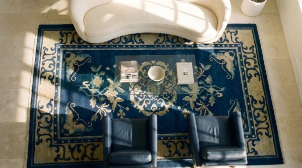 Chinese rectangle antique small scatter size wool - peking knotted 1920s blue rug 2 Chinese rectangle antique small scatter size wool - peking knotted 1920s blue rug (sku 23546) - styled overhead view