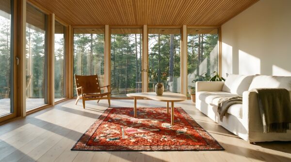 Antique chinese red allover flat weave square rug 7 Antique chinese red allover flat weave square rug (sku 24478) - room view