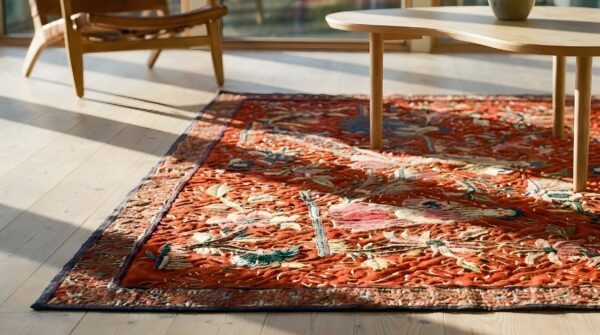 Antique chinese red allover flat weave square rug 8 Antique chinese red allover flat weave square rug (sku 24478) - in-room detail