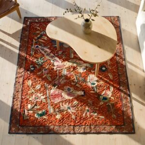 Antique Chinese Red Allover Flat Weave Square Rug (SKU 24478) - styled overhead view
