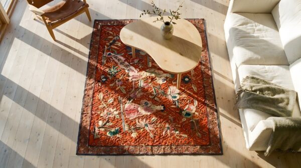 Antique chinese red allover flat weave square rug 2 Antique chinese red allover flat weave square rug (sku 24478) - styled overhead view