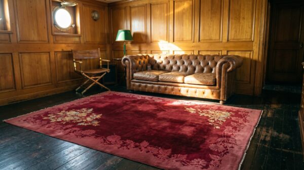 Chinese room size antique 1920s knotted - art deco rectangle wool red rug 7 Chinese room size antique 1920s knotted - art deco rectangle wool red rug (sku 22205) - room view