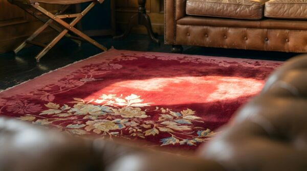 Chinese room size antique 1920s knotted - art deco rectangle wool red rug 8 Chinese room size antique 1920s knotted - art deco rectangle wool red rug (sku 22205) - in-room detail