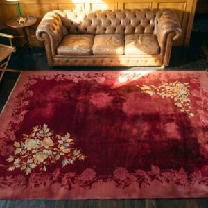 Chinese Room Size Antique 1920s Knotted - Art Deco Rectangle Wool Red Rug (SKU 22205) - styled overhead view