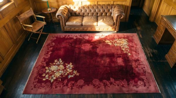 Chinese room size antique 1920s knotted - art deco rectangle wool red rug 2 Chinese room size antique 1920s knotted - art deco rectangle wool red rug (sku 22205) - styled overhead view