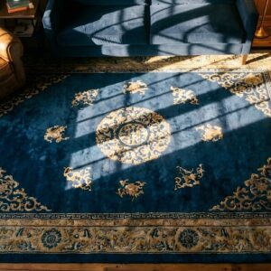 Wool Knotted Chinese Room Size 1920s Antique Blue - Peking Rectangle Rug (SKU 24773) - styled overhead view