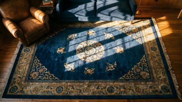 Wool knotted chinese room size 1920s antique blue - peking rectangle rug (sku 24773) - styled overhead view
