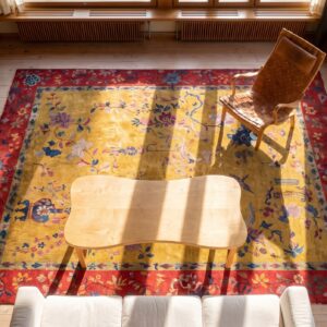 Knotted Chinese Wool Room Size Antique 1920s Yellow Rectangle - Art Deco Rug (SKU 25486) - styled overhead view