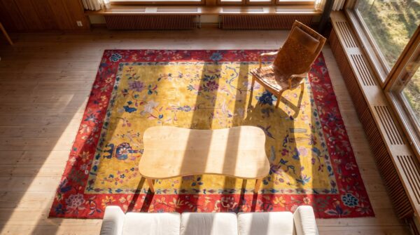 Knotted chinese wool room size antique 1920s yellow rectangle - art deco rug 2 Knotted chinese wool room size antique 1920s yellow rectangle - art deco rug (sku 25486) - styled overhead view