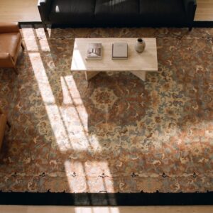 Antique Chinese Room Size Wool Black, Ivory Beige Cream White Rug (SKU 24643) - styled overhead view