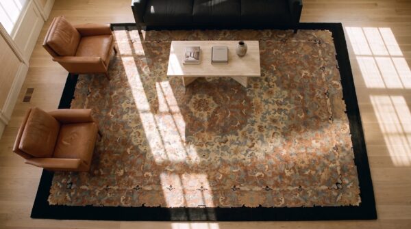 Antique chinese room size wool black, ivory beige cream white rug 2 Antique chinese room size wool black, ivory beige cream white rug (sku 24643) - styled overhead view