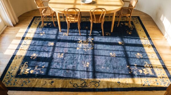 Antique chinese room size wool blue rug (sku 24826) - styled overhead view