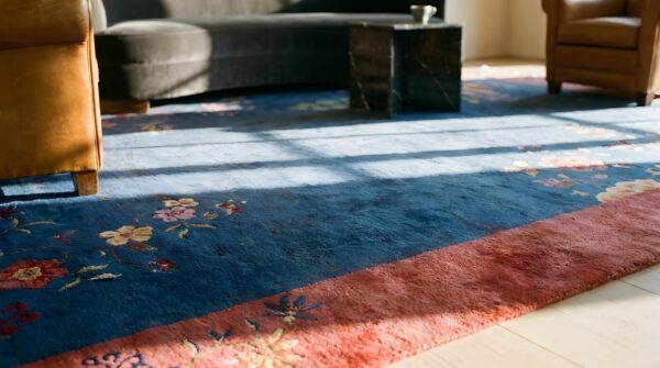 Chinese knotted antique room size blue - art deco rectangle wool 1920s rug 10 Chinese knotted antique room size blue - art deco rectangle wool 1920s rug (sku 25703) - in-room detail