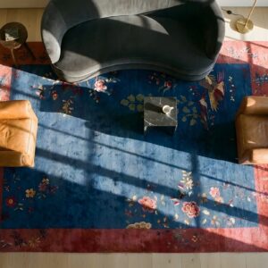 Chinese Knotted Antique Room Size Blue - Art Deco Rectangle Wool 1920s Rug (SKU 25703) - styled overhead view