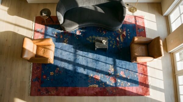 Chinese knotted antique room size blue - art deco rectangle wool 1920s rug 2 Chinese knotted antique room size blue - art deco rectangle wool 1920s rug (sku 25703) - styled overhead view