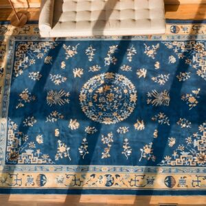 Antique Chinese Room Size Blue Color Peking Wool Pile Rug (SKU 22310) - styled overhead view