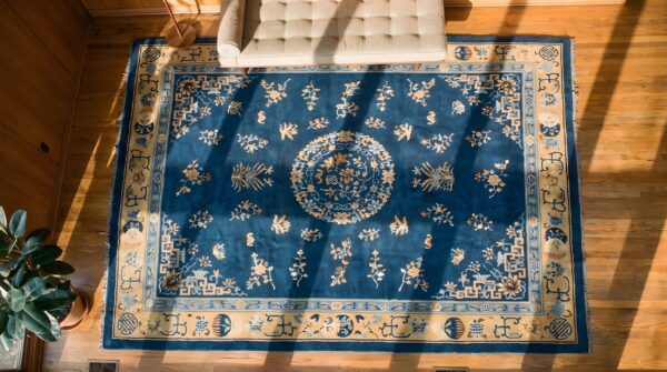 Antique chinese room size blue color peking wool pile rug 2 Antique chinese room size blue color peking wool pile rug (sku 22310) - styled overhead view