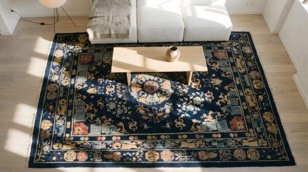 Chinese room size wool pile blue color antique peking rug (sku 25709) - styled overhead view