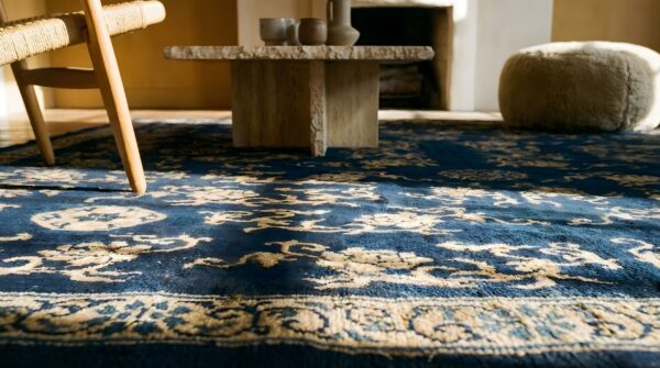 Antique chinese room size wool blue navy rug 11 Antique chinese room size wool blue navy rug (sku 24397) - in-room detail