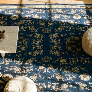 Antique Chinese Room Size Wool Blue Navy Rug (SKU 24397) - styled overhead view
