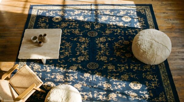 Antique chinese room size wool blue navy rug 2 Antique chinese room size wool blue navy rug (sku 24397) - styled overhead view