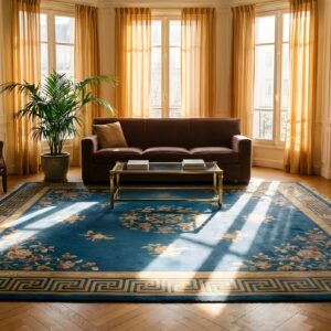 Chinese Antique Knotted Room Size Blue Wool Rectangle 1920s - Art Deco Rug (SKU 25410) - room view