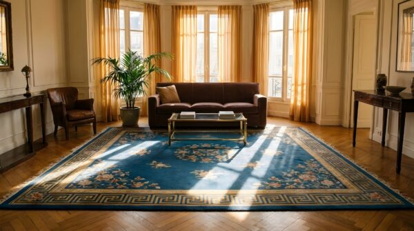 Chinese antique knotted room size blue wool rectangle 1920s - art deco rug 6 Chinese antique knotted room size blue wool rectangle 1920s - art deco rug (sku 25410) - room view