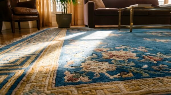 Chinese antique knotted room size blue wool rectangle 1920s - art deco rug 7 Chinese antique knotted room size blue wool rectangle 1920s - art deco rug (sku 25410) - in-room detail