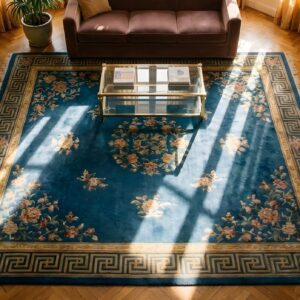 Chinese Antique Knotted Room Size Blue Wool Rectangle 1920s - Art Deco Rug (SKU 25410) - styled overhead view
