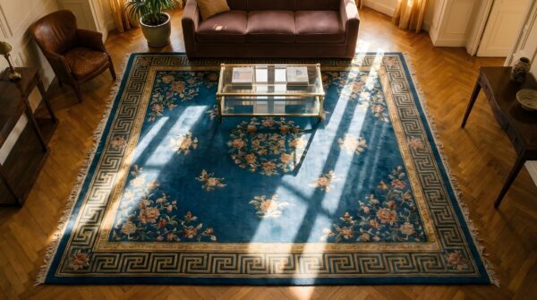 Chinese antique knotted room size blue wool rectangle 1920s - art deco rug 2 Chinese antique knotted room size blue wool rectangle 1920s - art deco rug (sku 25410) - styled overhead view