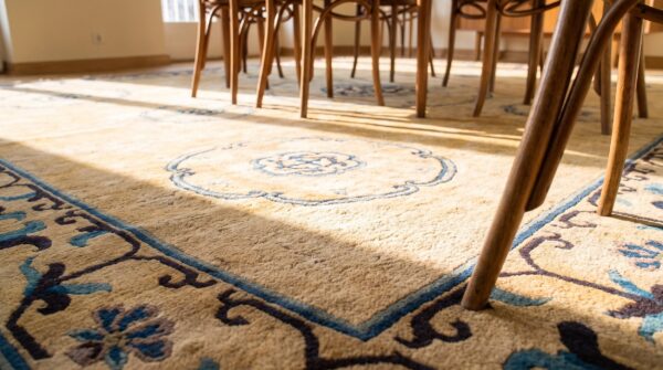Antique chinese room size wool camel, red rug 11 Antique chinese room size wool camel, red rug (sku 24095) - in-room detail
