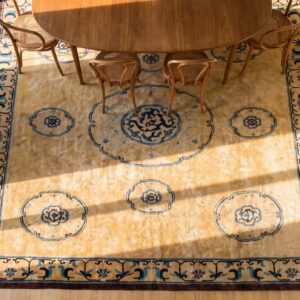 Antique Chinese Room Size Wool Camel, Red Rug (SKU 24095) - styled overhead view