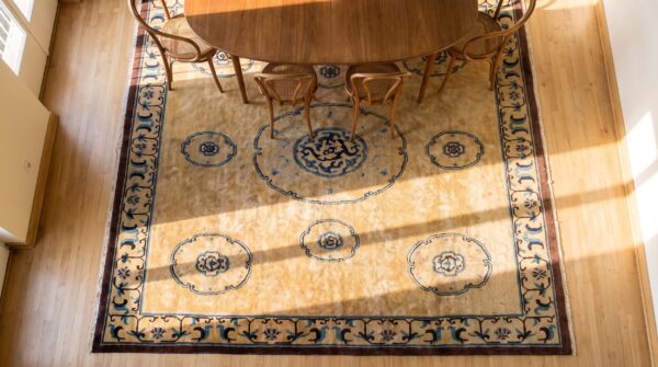Antique chinese room size wool camel, red rug 2 Antique chinese room size wool camel, red rug (sku 24095) - styled overhead view