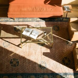 Antique Chinese Room Size Wool Coral Rug (SKU 24111) - styled overhead view