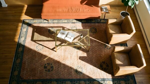 Antique chinese room size wool coral rug 2 Antique chinese room size wool coral rug (sku 24111) - styled overhead view
